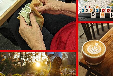 OBA Programm Frühjahr 2026 Collage aus verschiedenen Fotos: zwei Hände, die ein Säckchen befühlen, ein Wanderschuh, eine Kaffeetasse, ein Spielbrett